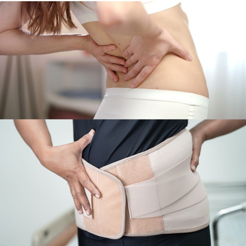 Mujer con dolor lumbar y uso de faja ortopédica para aliviar la espalda