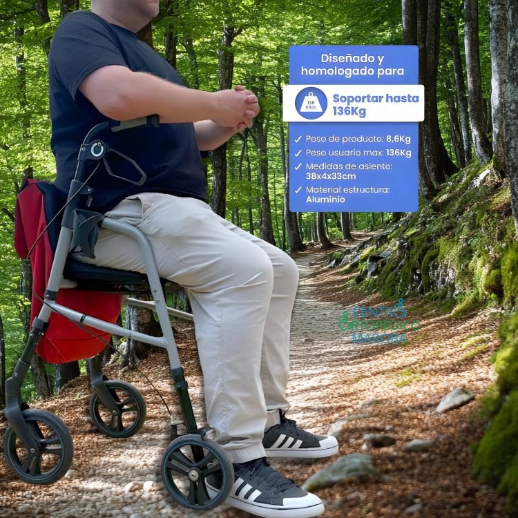 Personas mayores utilizando andador con asiento para personas mayores en exterior