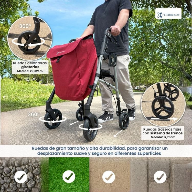 Andador con asiento para personas mayores en uso diario al aire libre