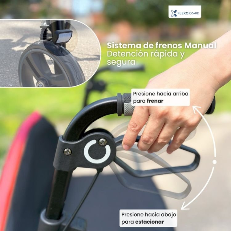 Detalle de frenos y empuñaduras de andador con asiento para personas mayores