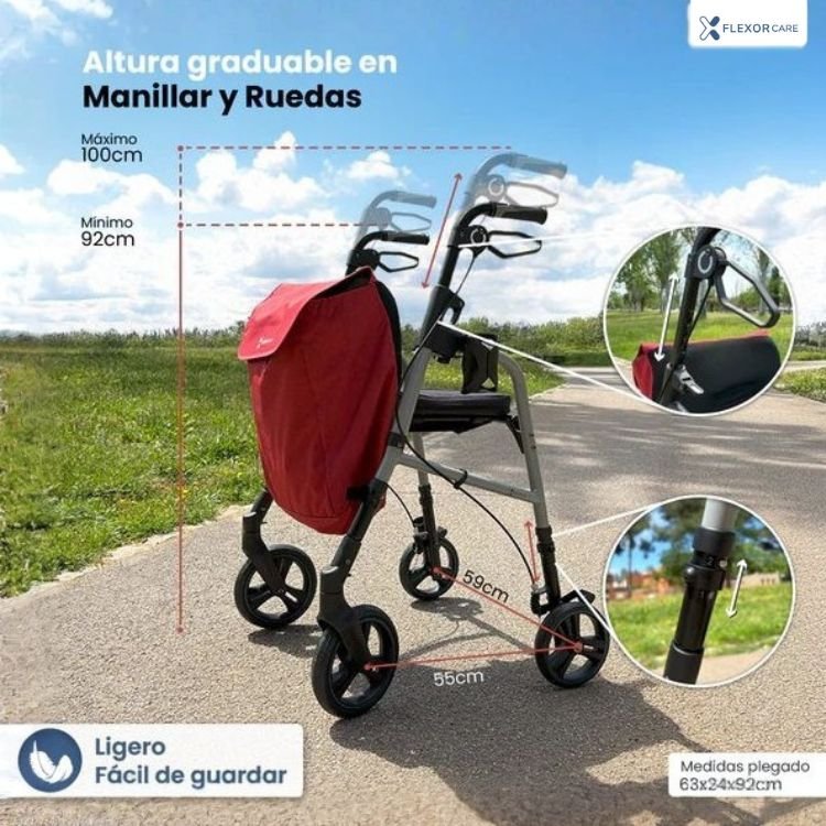 Andador con asiento para personas mayores con bolsa trasera en entorno urbano